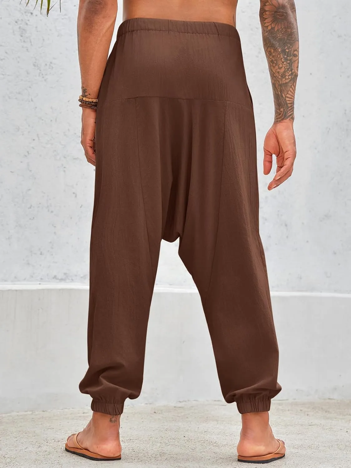PASLTER Mens Harem Pants Baggy Casual Cotton Linen Boho Yoga Drop Crotch Hippie Trousers
