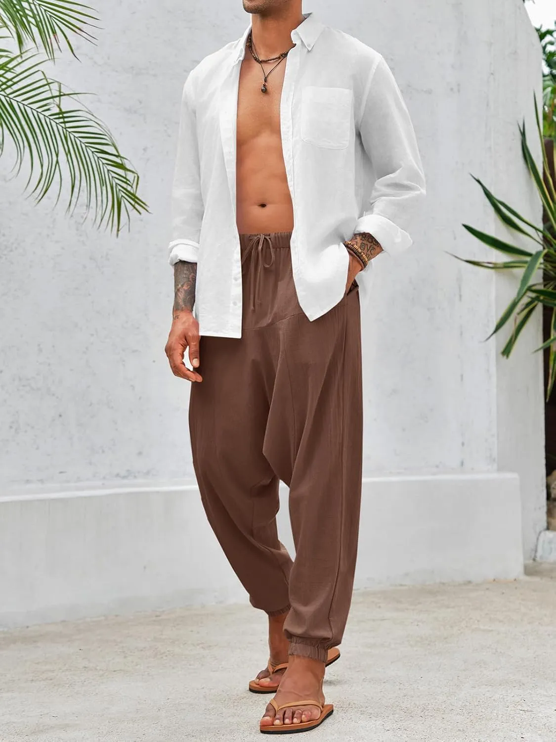 PASLTER Mens Harem Pants Baggy Casual Cotton Linen Boho Yoga Drop Crotch Hippie Trousers
