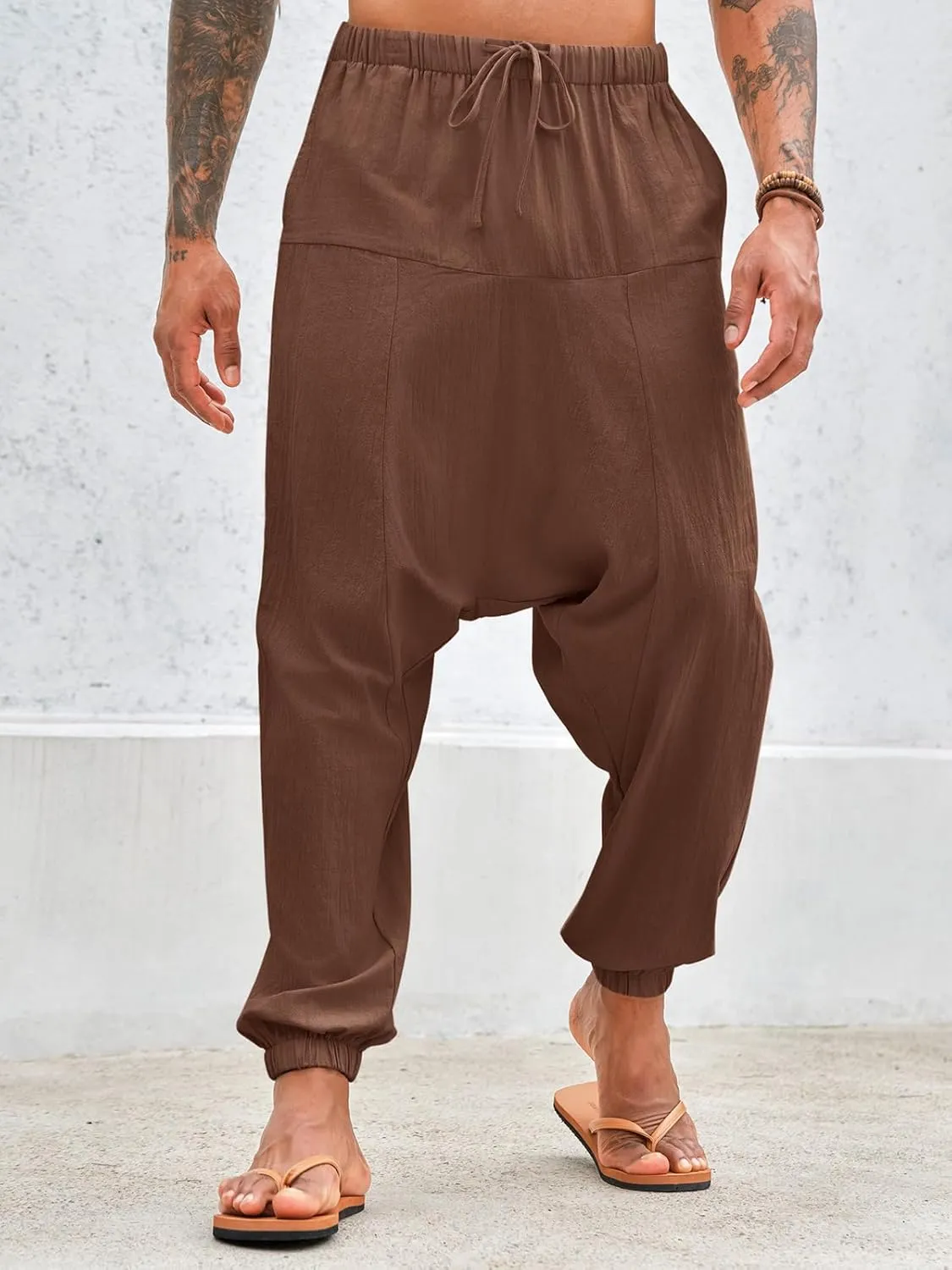 PASLTER Mens Harem Pants Baggy Casual Cotton Linen Boho Yoga Drop Crotch Hippie Trousers