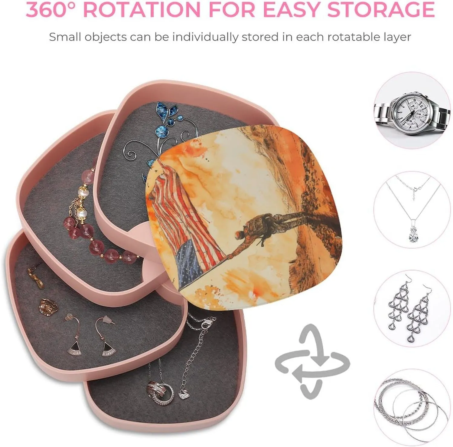 Patriotic Man Waving An American Flag Jewelry Boxes for Women,Independence Day Earring Holder Organizer Rotating Jewelry Organizer for Necklaces Bracelets Ring