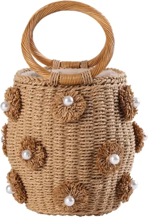 Pearl Flower Straw Woven Tote Bag Summer Beach Rattan Handle Bucket Bag Straw Purses and Handbags for Women