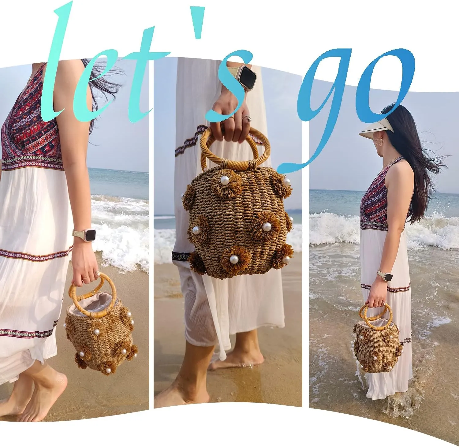 Pearl Flower Straw Woven Tote Bag Summer Beach Rattan Handle Bucket Bag Straw Purses and Handbags for Women