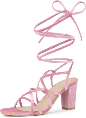 Perphy Strappy Faux Velvet Lace Up Chunky Heels Sandal for Women