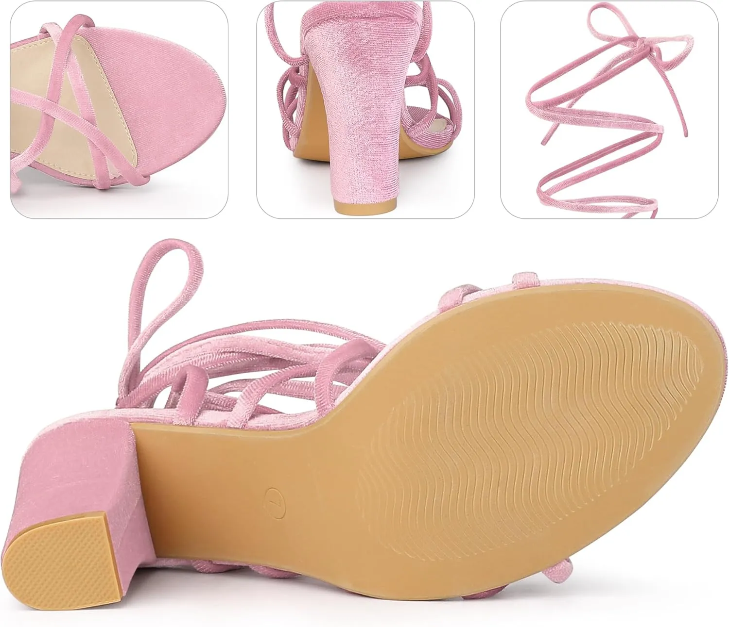 Perphy Strappy Faux Velvet Lace Up Chunky Heels Sandal for Women