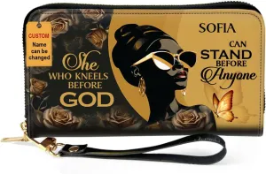 Personalized Leather Wallet For Women - African Pride Woman Clutch Purse - Butterfly Gifts For Black Women - African Queen - Floral Art Black Girl Bag Purse
