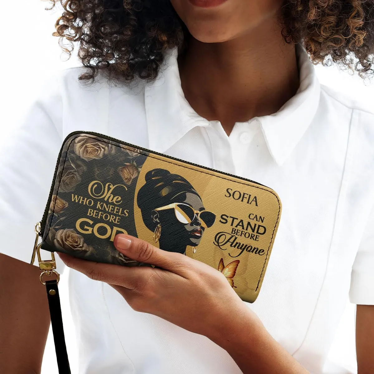 Personalized Leather Wallet For Women - African Pride Woman Clutch Purse - Butterfly Gifts For Black Women - African Queen - Floral Art Black Girl Bag Purse