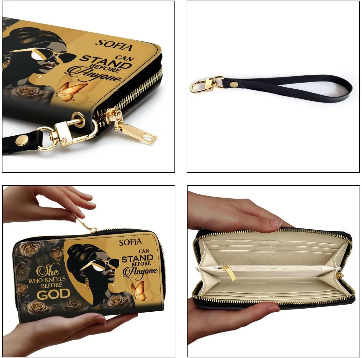 Personalized Leather Wallet For Women - African Pride Woman Clutch Purse - Butterfly Gifts For Black Women - African Queen - Floral Art Black Girl Bag Purse