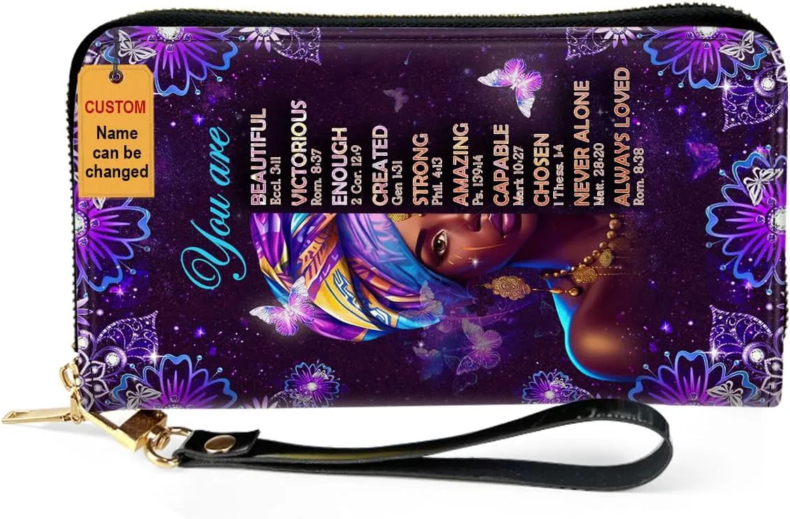 Personalized Leather Wallet For Women - Butterfly African Pride Woman Clutch Purse - Purple Gifts For Black Women - African Queen Black Girl Bag Purse