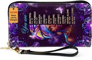 Personalized Leather Wallet For Women - Butterfly African Pride Woman Clutch Purse - Purple Gifts For Black Women - African Queen Black Girl Bag Purse