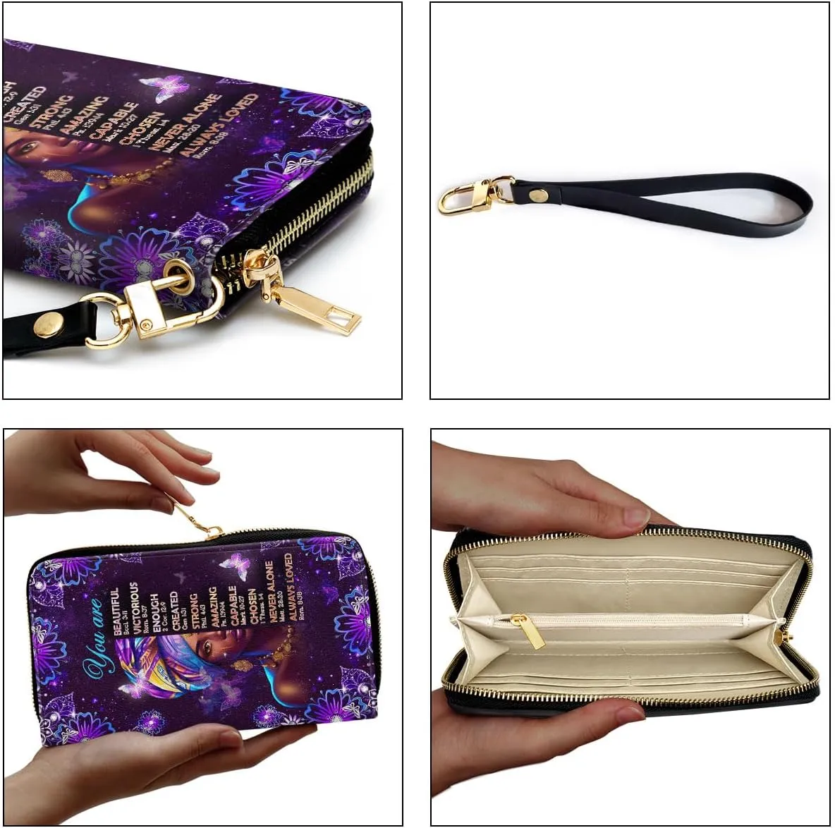 Personalized Leather Wallet For Women - Butterfly African Pride Woman Clutch Purse - Purple Gifts For Black Women - African Queen Black Girl Bag Purse