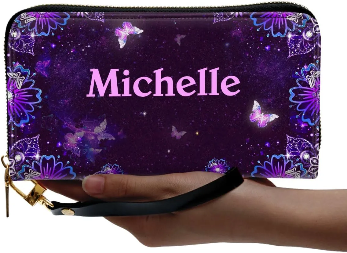 Personalized Leather Wallet For Women - Butterfly African Pride Woman Clutch Purse - Purple Gifts For Black Women - African Queen Black Girl Bag Purse