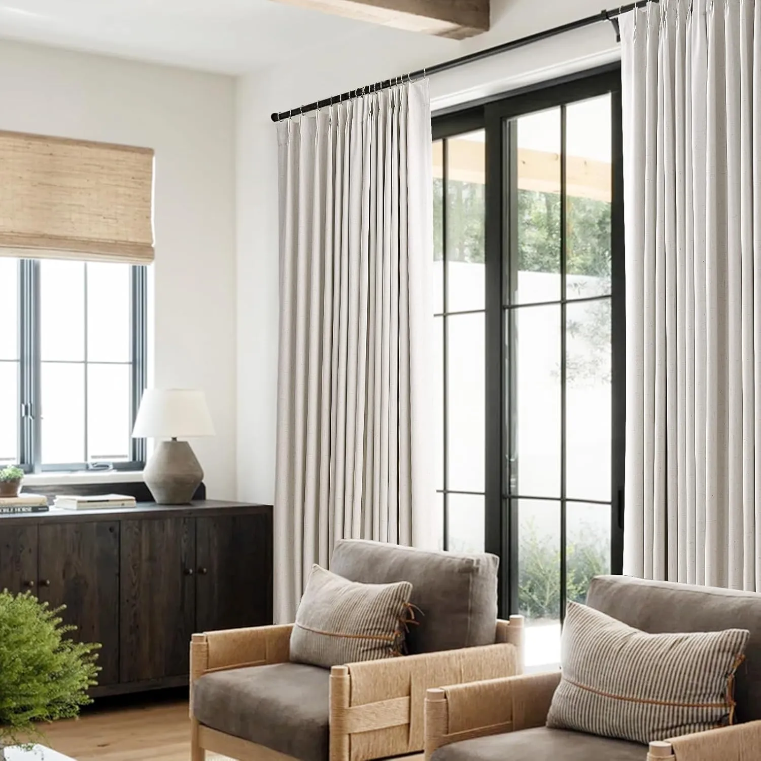 Pinch Pleated Blackout Curtains for Bedroom 2 Panel Sets Neutral Farmhouse Cream Natural Linen Black Out Drapes 84 Inches Long Thermal Insulated Light Blocking Room Darkening Pleat Window Curtains