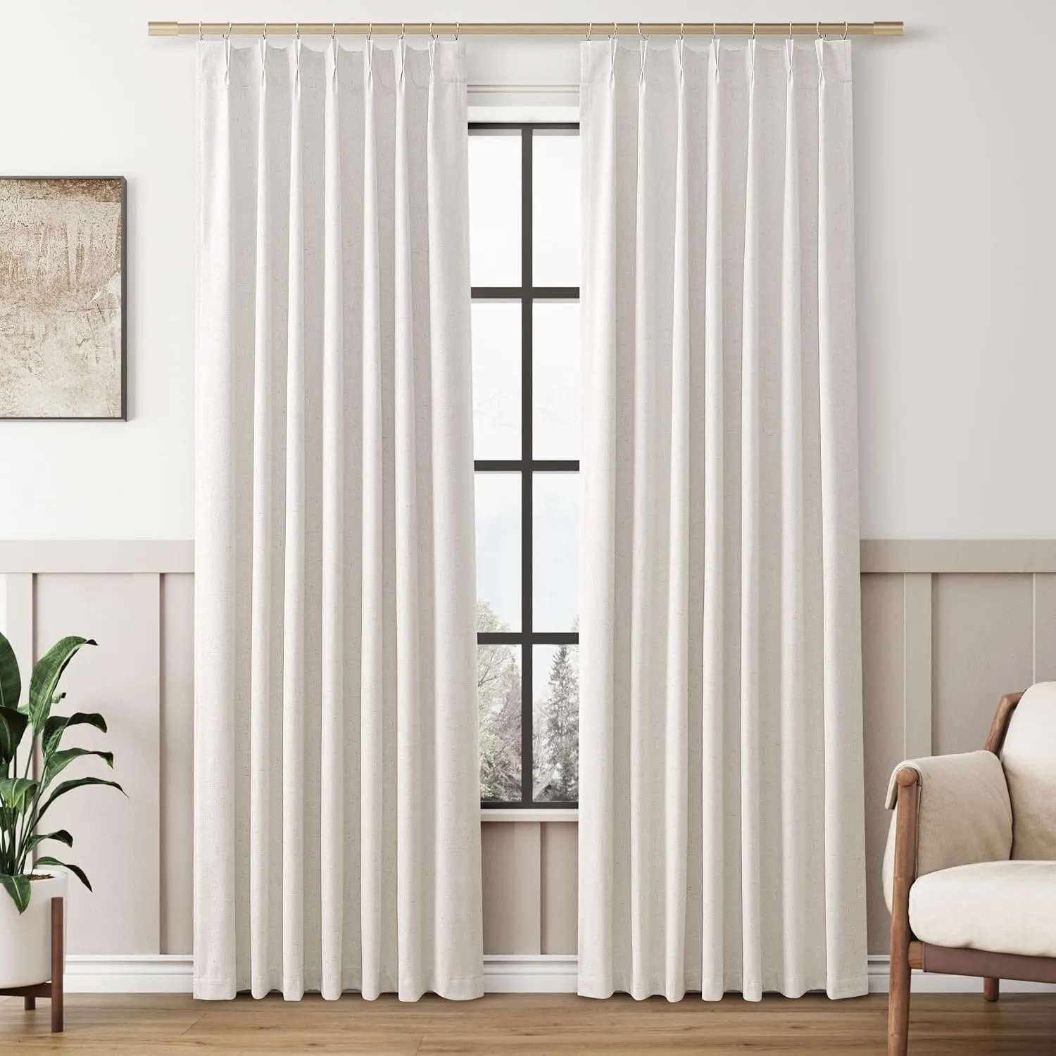 Pinch Pleated Blackout Curtains for Bedroom 2 Panel Sets Neutral Farmhouse Cream Natural Linen Black Out Drapes 84 Inches Long Thermal Insulated Light Blocking Room Darkening Pleat Window Curtains