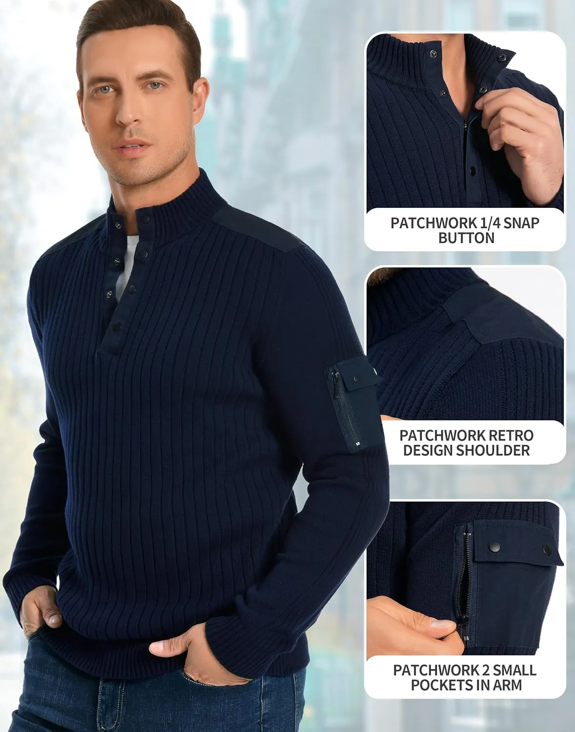 Pioneer Camp Men's Cable Knit Pullover Sweater Casual Long Sleeve Stand Collar Snap Button Knitted Sweaters Fall Winter