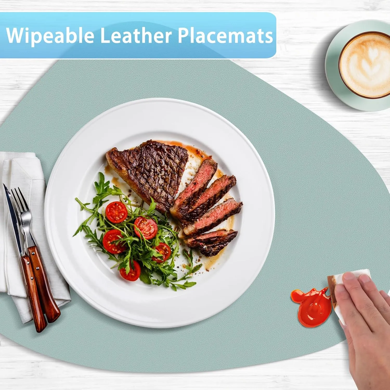 Placemats for Dining Table Set of 6, Heat Resistant Leather Placemats Double Layer, Soft Waterproof Round Table Mats Easy to Clean for Kitchen Dining Room Coffee Office Table, Aqua Green