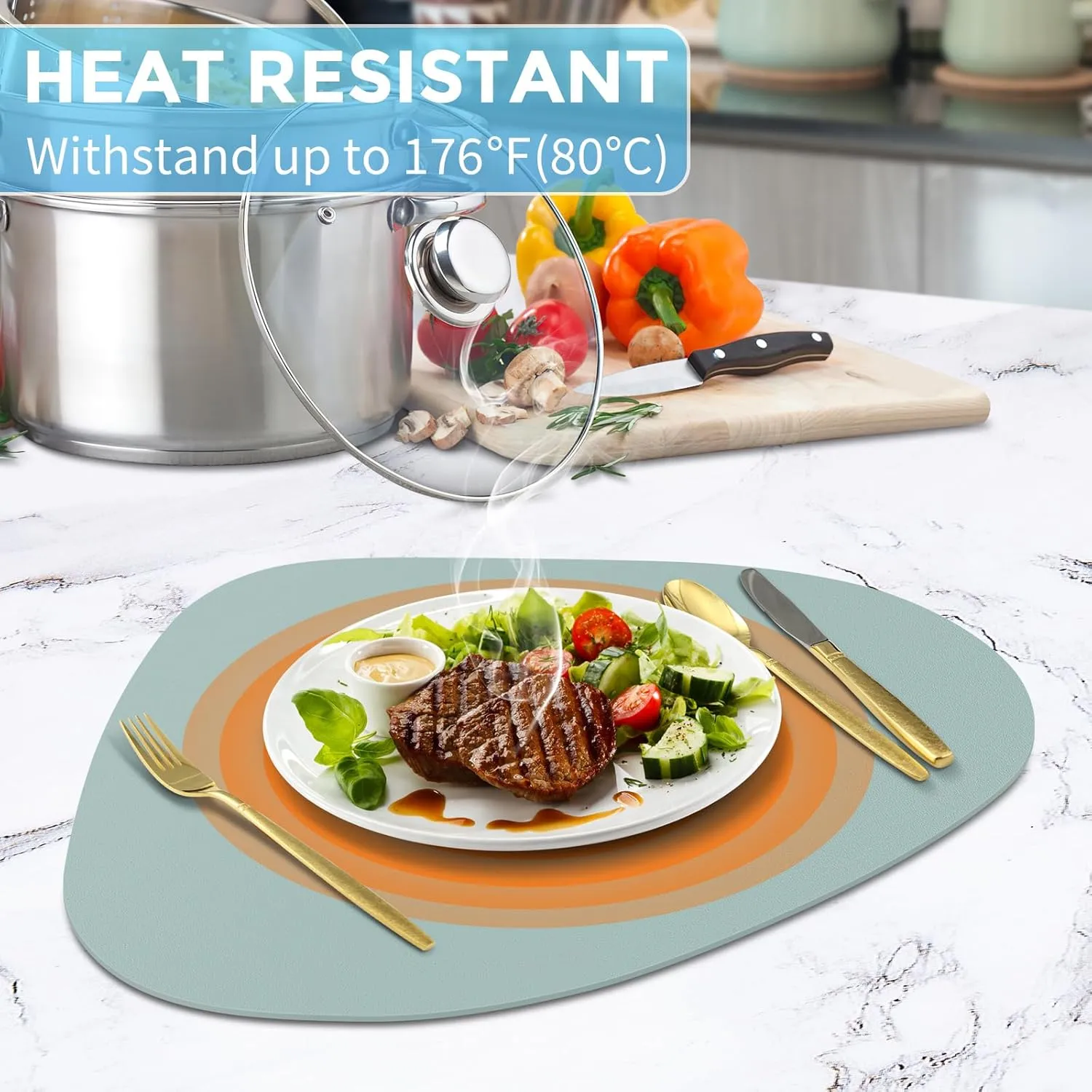 Placemats for Dining Table Set of 6, Heat Resistant Leather Placemats Double Layer, Soft Waterproof Round Table Mats Easy to Clean for Kitchen Dining Room Coffee Office Table, Aqua Green