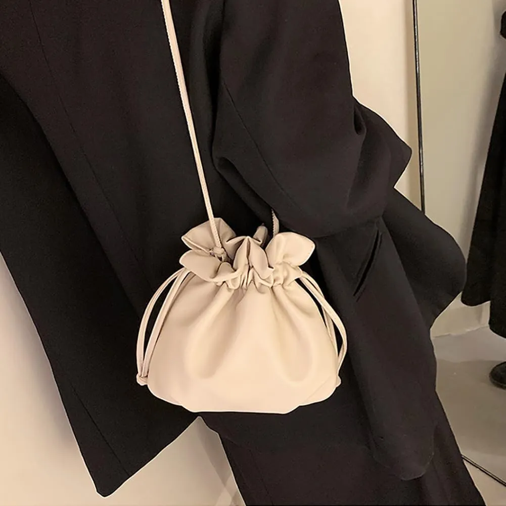 Pleated Drawstring Storage Bucket Bag,Lightweight PU Leather Soft Crossbody Bag,Retro Casual Solid Purse Shoulder Bag
