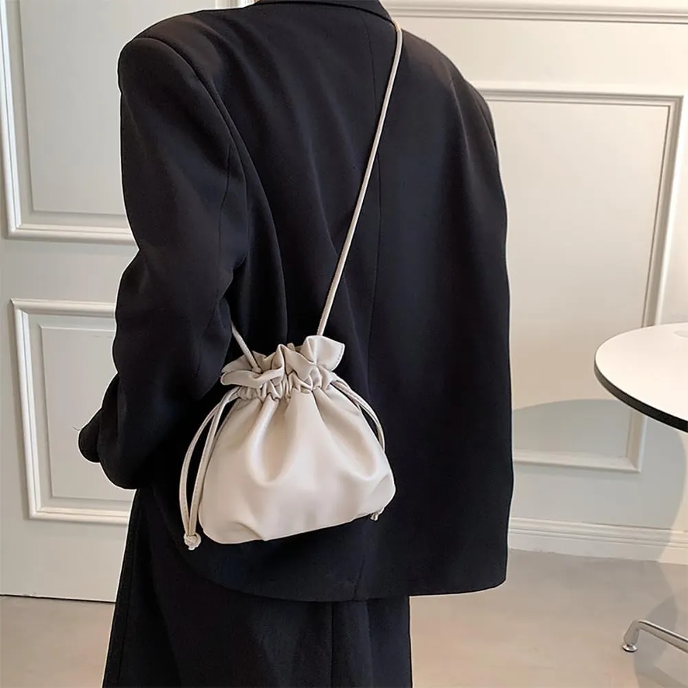 Pleated Drawstring Storage Bucket Bag,Lightweight PU Leather Soft Crossbody Bag,Retro Casual Solid Purse Shoulder Bag