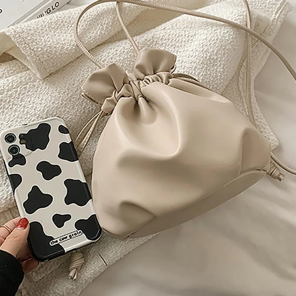 Pleated Drawstring Storage Bucket Bag,Lightweight PU Leather Soft Crossbody Bag,Retro Casual Solid Purse Shoulder Bag