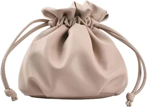 Pleated Drawstring Storage Bucket Bag,Lightweight PU Leather Soft Crossbody Bag,Retro Casual Solid Purse Shoulder Bag