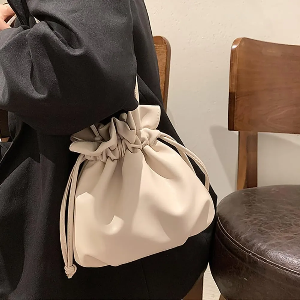 Pleated Drawstring Storage Bucket Bag,Lightweight PU Leather Soft Crossbody Bag,Retro Casual Solid Purse Shoulder Bag