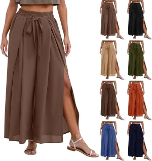Pleated Wide Leg Pants for Women Tie Front High Waist Side Split Slit Flowy Wide Leg Pleated Flowy Pant with Belt