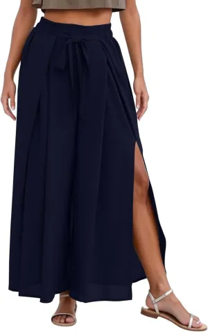 Pleated Wide Leg Pants for Women Tie Front High Waist Side Split Slit Flowy Wide Leg Pleated Flowy Pant with Belt