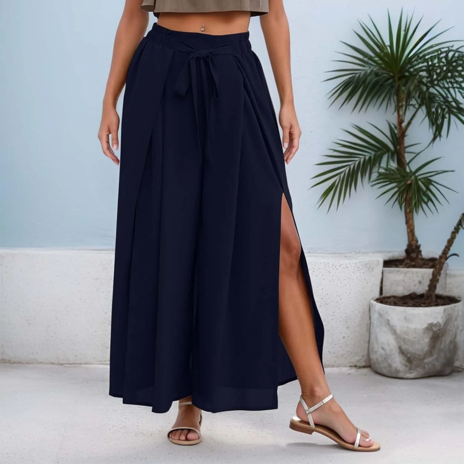 Pleated Wide Leg Pants for Women Tie Front High Waist Side Split Slit Flowy Wide Leg Pleated Flowy Pant with Belt
