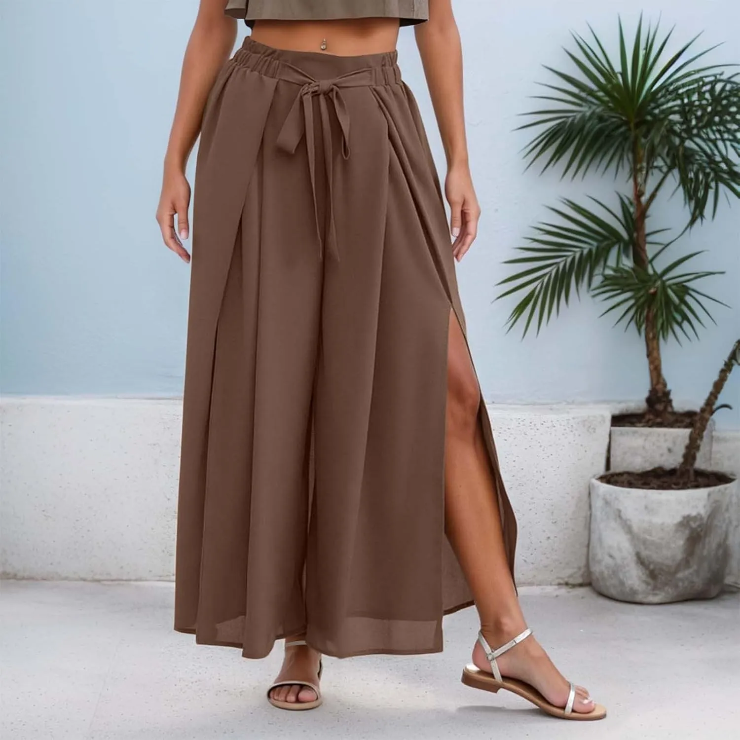 Pleated Wide Leg Pants for Women Tie Front High Waist Side Split Slit Flowy Wide Leg Pleated Flowy Pant with Belt