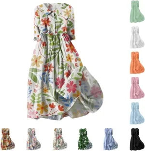 Plus Size Linen Dress for Women Short Sleeve Floral Maxi Dresses Spring Summer Boho Flowy Sundress Cruise Outfits