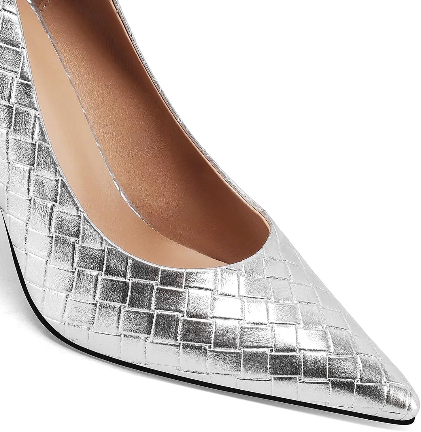 Pointed Toe High Heels Pumps for Women, Heeled Slip On Stiletto Dressy Pumps with Embossed Weave Pattern for Party, Office, and Daily Wear