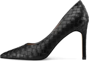 Pointed Toe High Heels Pumps for Women, Heeled Slip On Stiletto Dressy Pumps with Embossed Weave Pattern for Party, Office, and Daily Wear