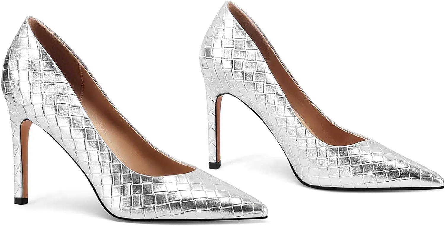 Pointed Toe High Heels Pumps for Women, Heeled Slip On Stiletto Dressy Pumps with Embossed Weave Pattern for Party, Office, and Daily Wear