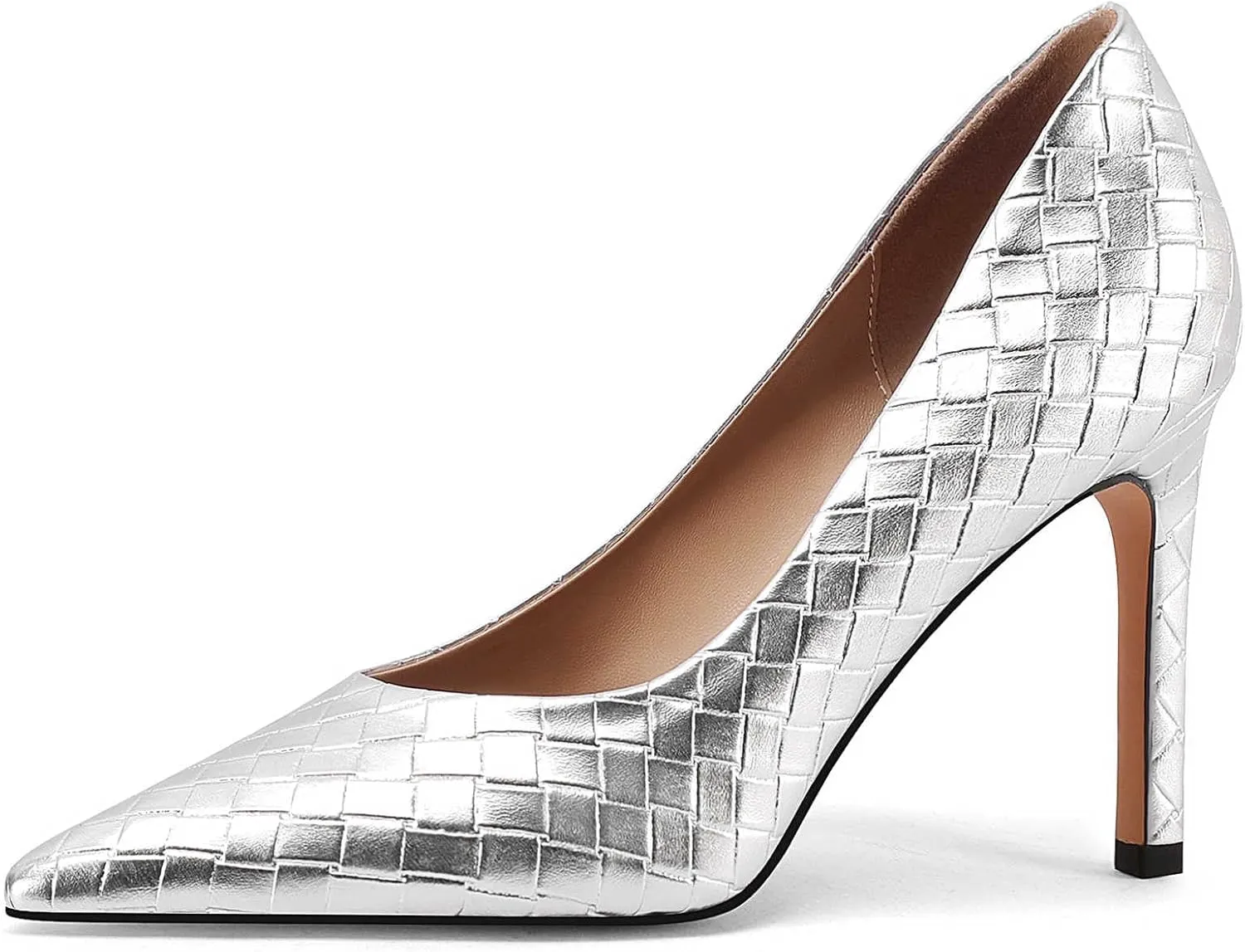 Pointed Toe High Heels Pumps for Women, Heeled Slip On Stiletto Dressy Pumps with Embossed Weave Pattern for Party, Office, and Daily Wear