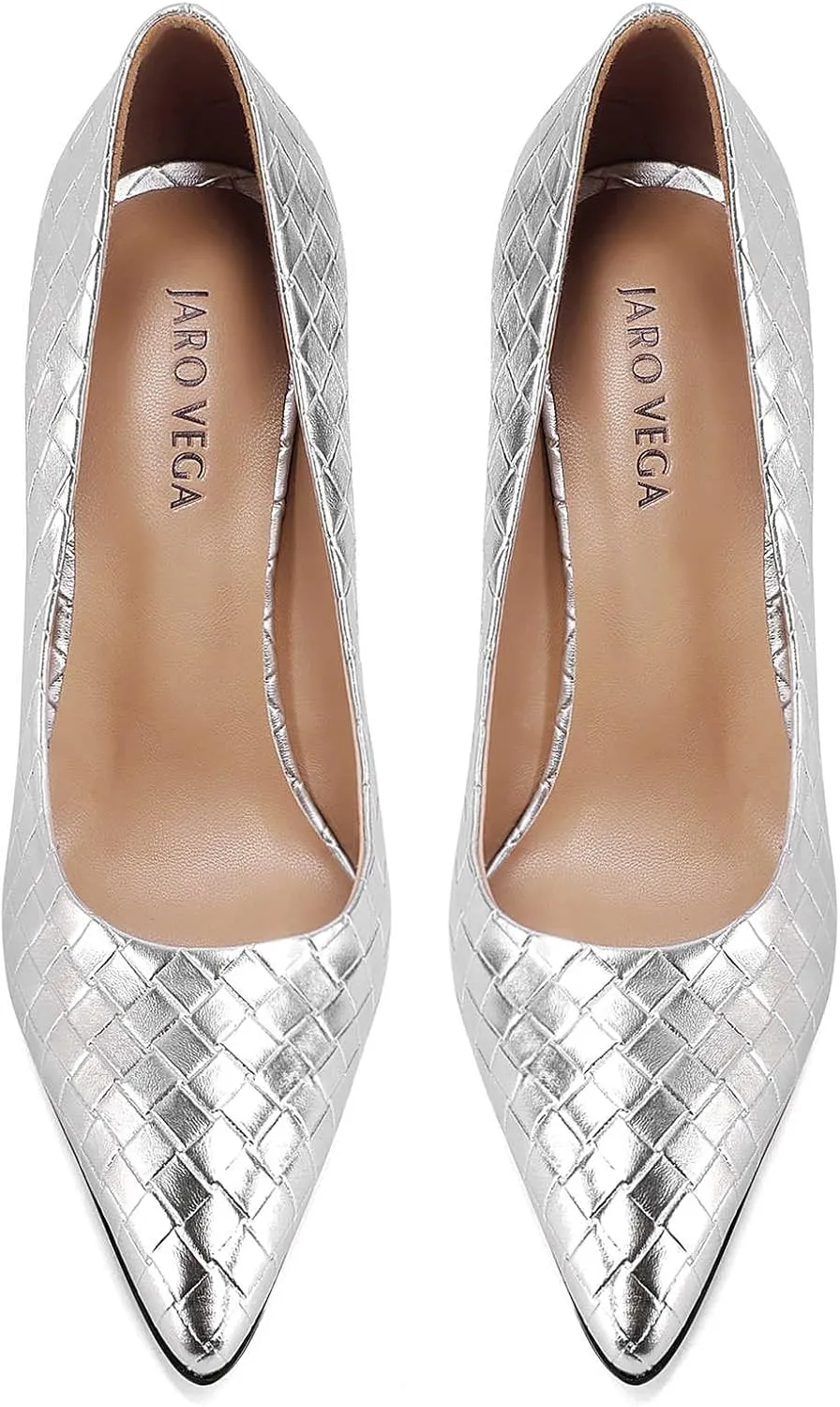 Pointed Toe High Heels Pumps for Women, Heeled Slip On Stiletto Dressy Pumps with Embossed Weave Pattern for Party, Office, and Daily Wear