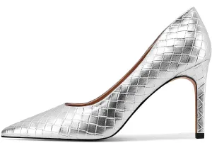 Pointed Toe High Heels Pumps for Women, Heeled Slip On Stiletto Dressy Pumps with Embossed Weave Pattern for Party, Office, and Daily Wear
