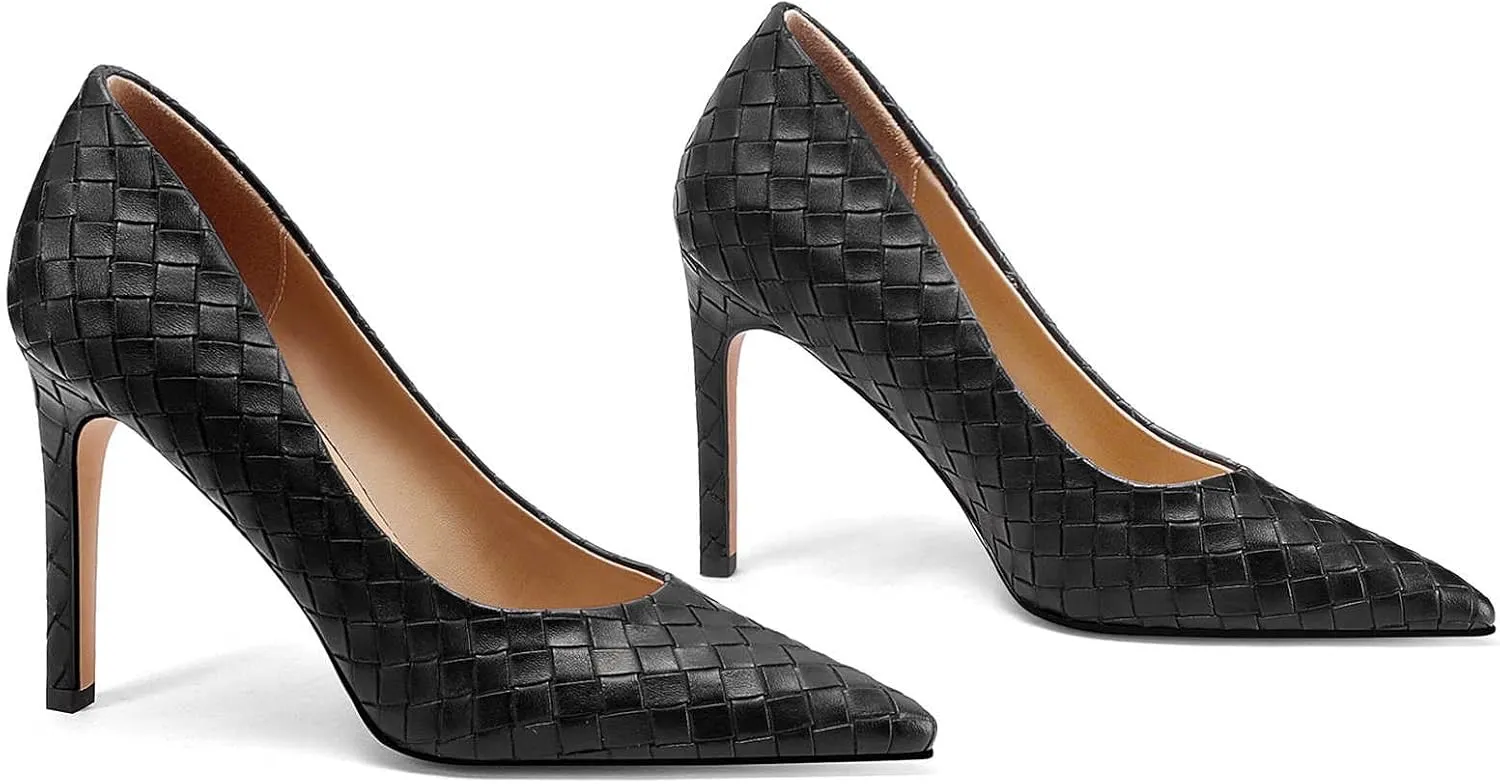 Pointed Toe High Heels Pumps for Women, Heeled Slip On Stiletto Dressy Pumps with Embossed Weave Pattern for Party, Office, and Daily Wear