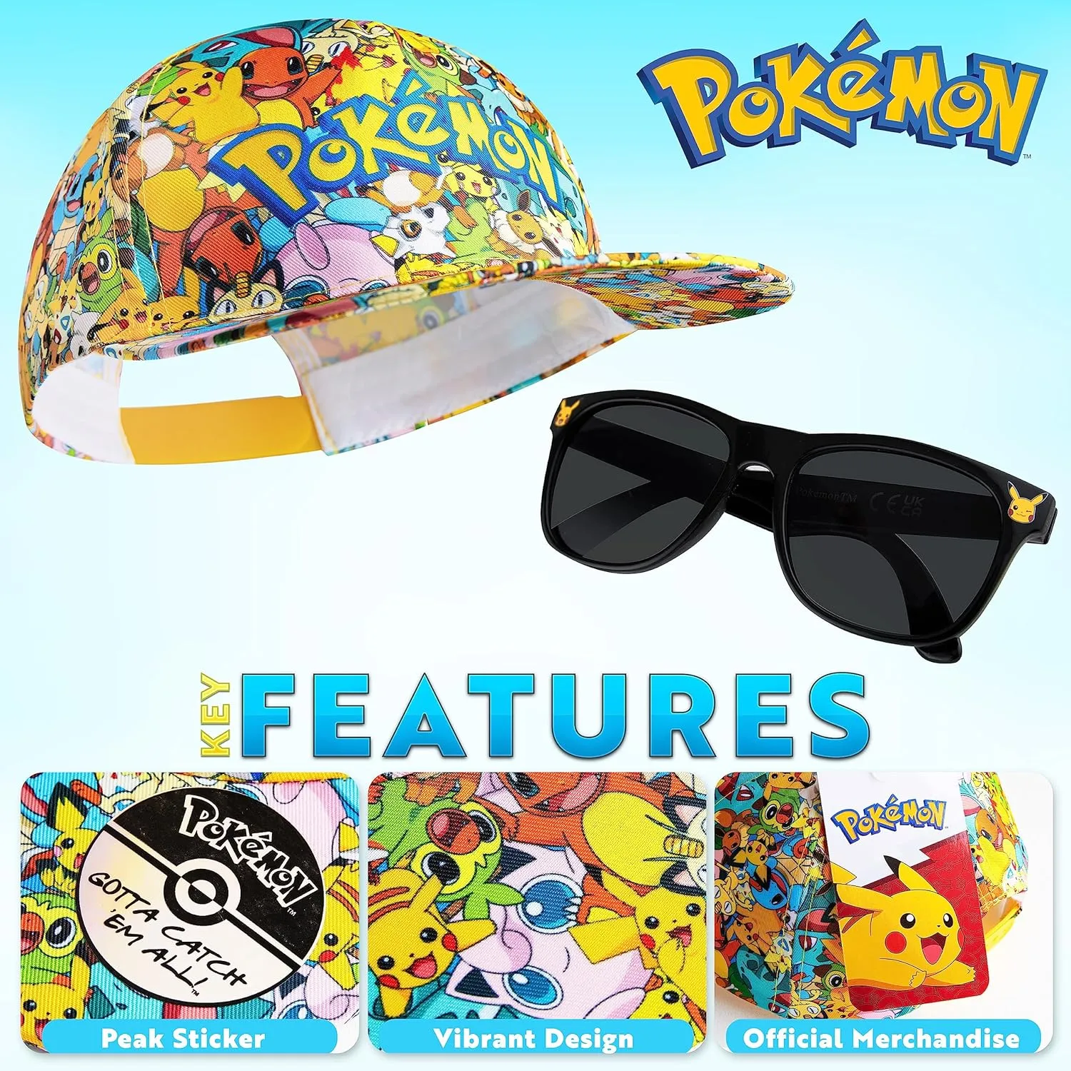 Pokemon Baseball Cap Sunglasses Boys Girls Bucket Hat for Kids Unisex Pikachu Adjustable Strap Summer Accessories