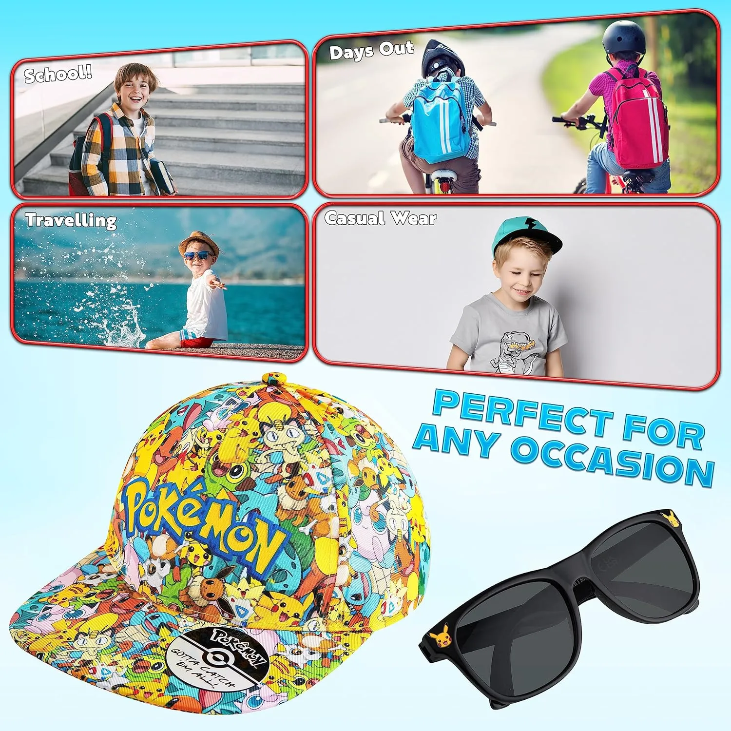 Pokemon Baseball Cap Sunglasses Boys Girls Bucket Hat for Kids Unisex Pikachu Adjustable Strap Summer Accessories