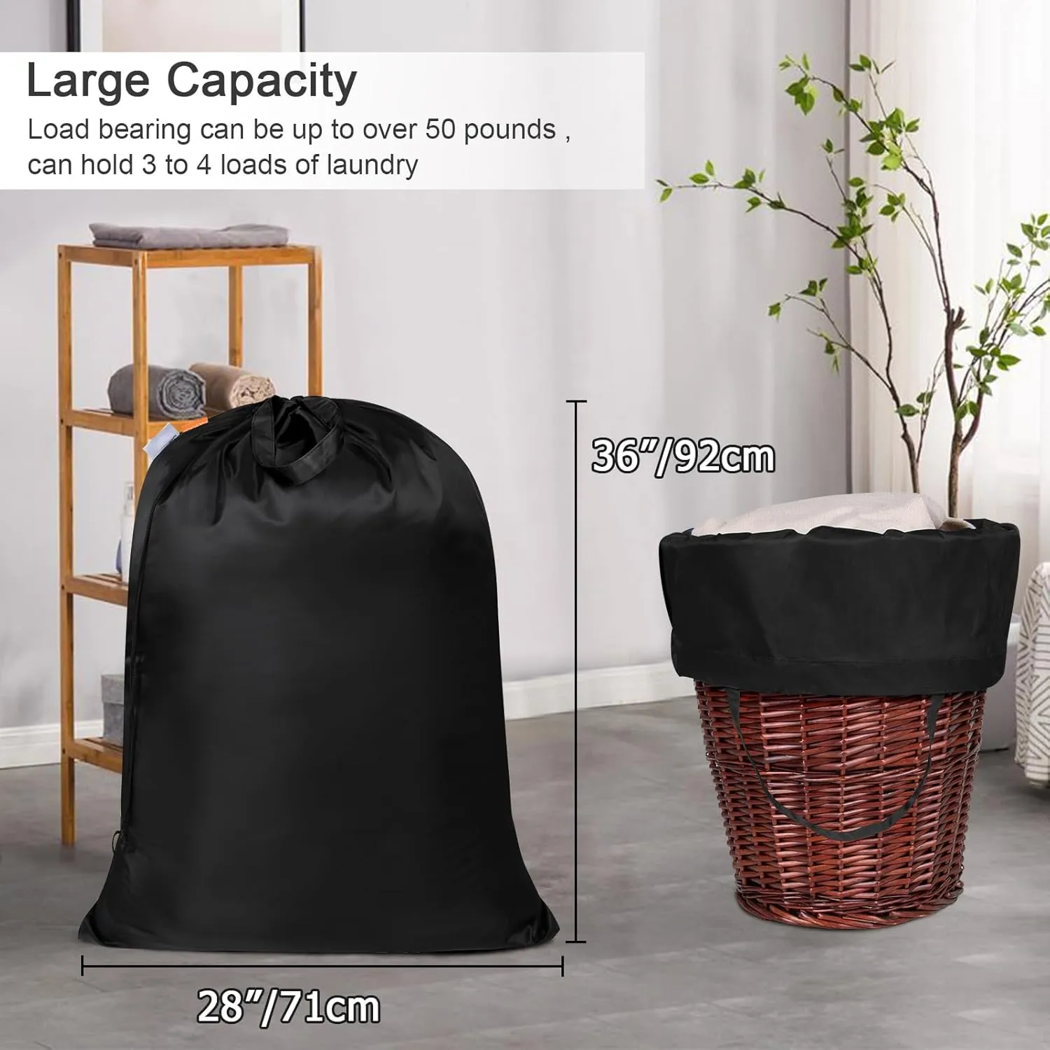 Polecasa Extra Large Heavy Duty Laundry Bag with 130gsm Tear Resistant Fabric and Handles, Easy to Carry Durable Dirty Clothes Drawstring Bag, Perfect for College Dorm, Travel, 2 Pack 28”x36”, Black
