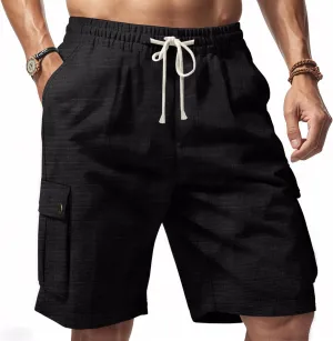 PORCLAY Linen Shorts for Men Solid Color Lightweight Cargo Shorts Elastic Waist Drawstring Beach Pants with Multi Pockets