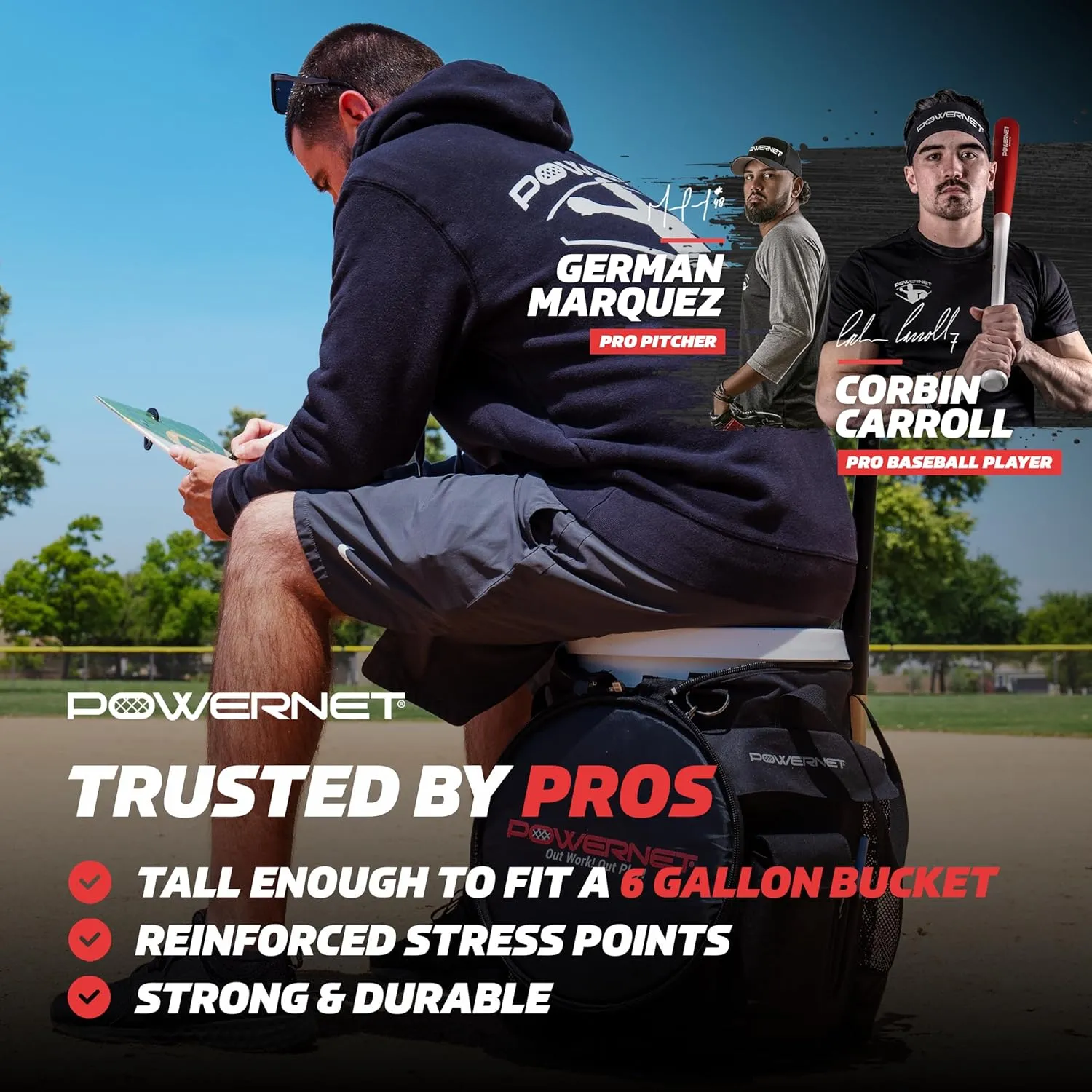 PowerNet Baseball Softball Coaching Bucket Caddy Cover, Multiple Pockets Carry Gameday Essentials, 3 Styles for 6 Gallon Bucket Organization Including All Terrain Wheeled
