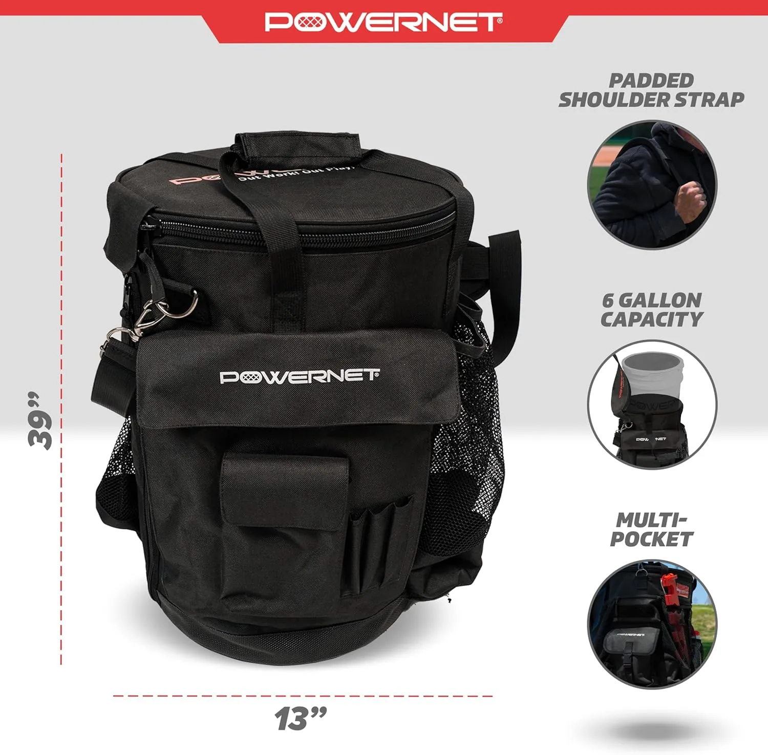 PowerNet Baseball Softball Coaching Bucket Caddy Cover, Multiple Pockets Carry Gameday Essentials, 3 Styles for 6 Gallon Bucket Organization Including All Terrain Wheeled