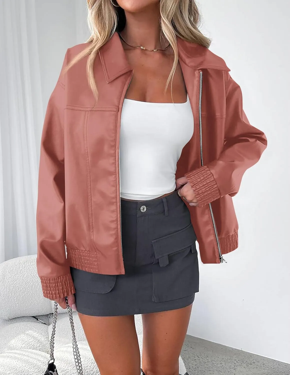 PRETTYGARDEN Women's Faux Leather Jackets 2025 Spring Bomber Jacket Zip Up Motorcycle Coats Long Sleeve Winter Clothes