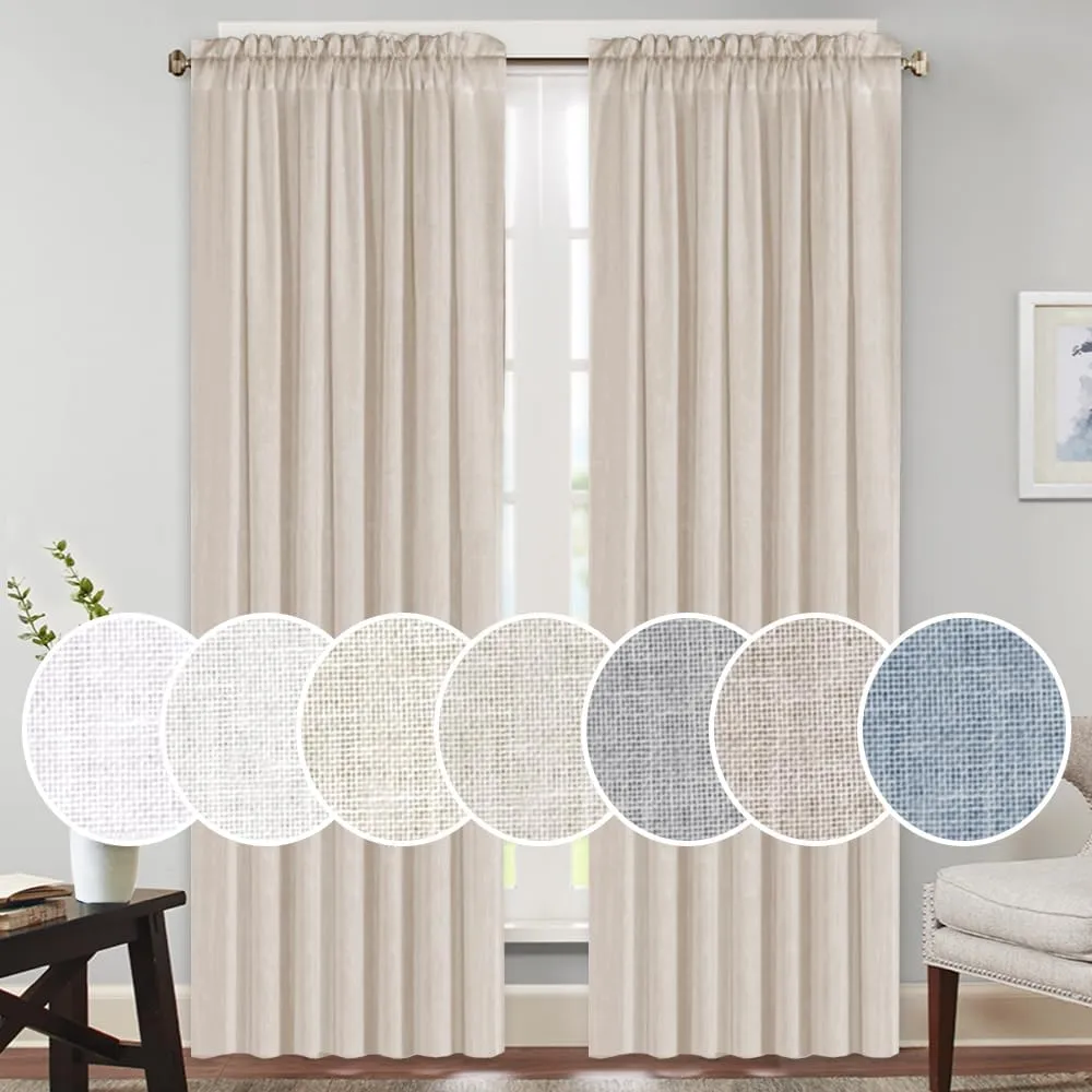 PrinceDeco Linen Curtains 84 Inches Long Soft Thick Linen Burlap Curtains for Living Room/Bedroom Country Rustic Linen Blended Curtains 2 Panels Set(Angora, 52" W x 84" L)