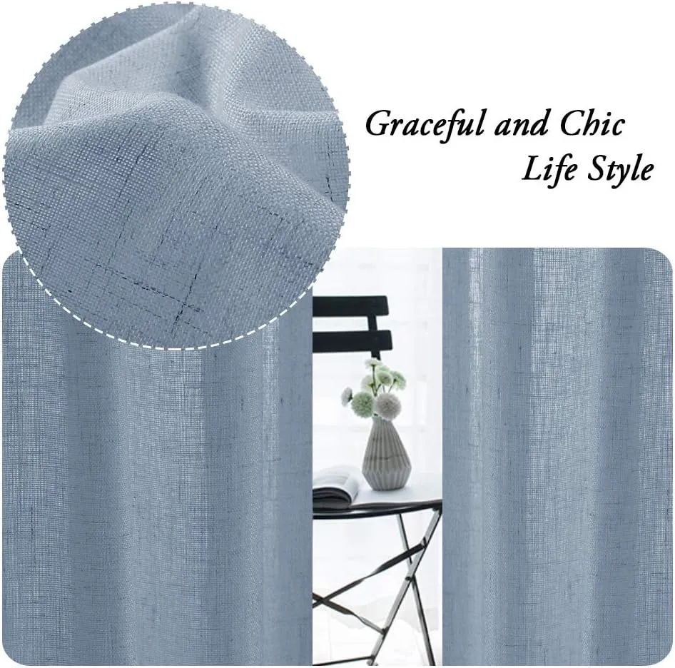 PrinceDeco Linen Curtains for Living Room Thick Linen Burlap Curtains for Bedroom Light Filtering Vertical Drapes Rod Pocket Country Rustic Linen Curtains(Stone Blue, 52" W x 84" L)