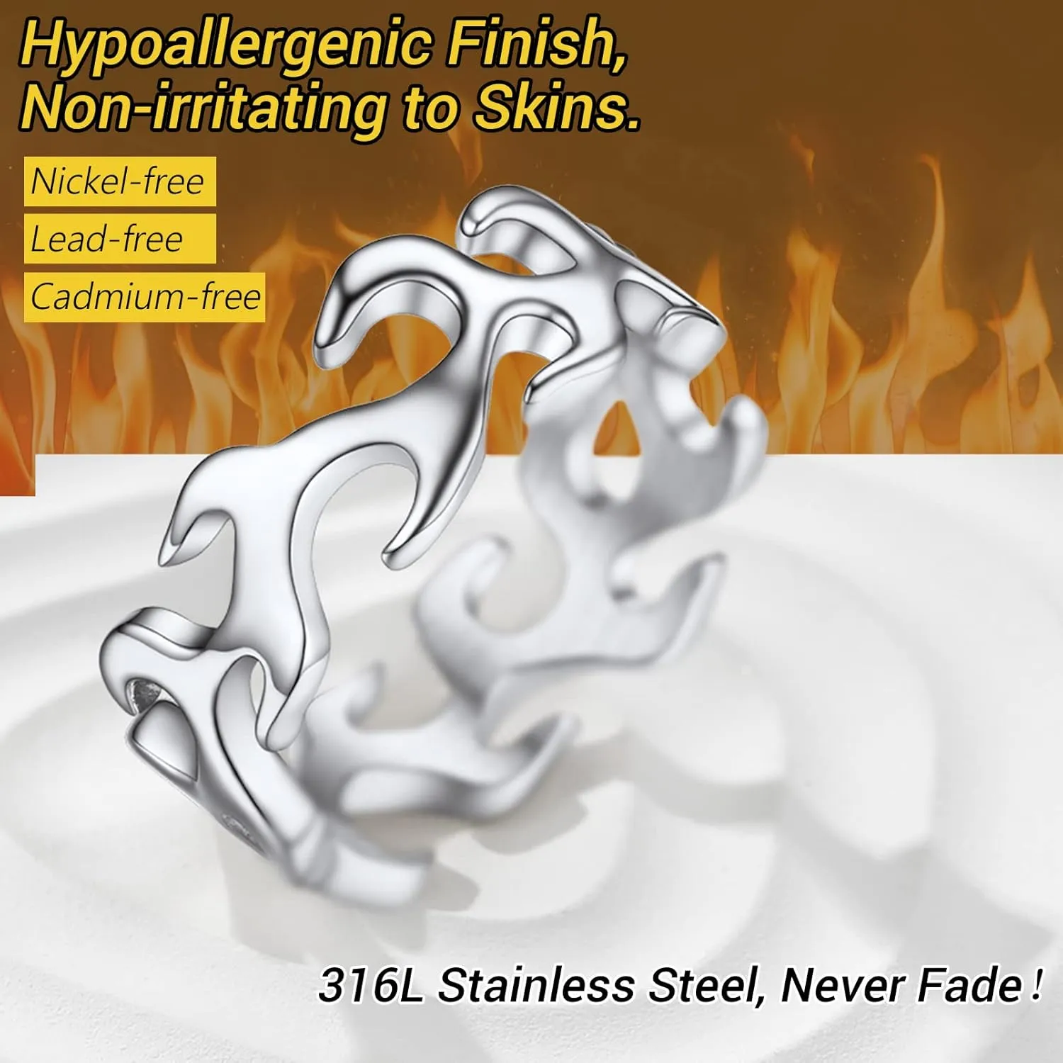 PROSTEEL Mens Cool Flame Rings 316L Stainless Steel Jewelry, Silver/Gold/Black Tone, Midi Finger Ring, Thumb Ring, Pinky Ring, Size 7-14, Come with Box
