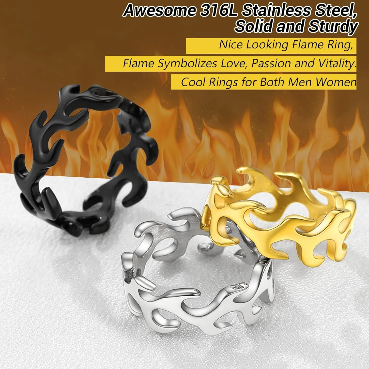 PROSTEEL Mens Cool Flame Rings 316L Stainless Steel Jewelry, Silver/Gold/Black Tone, Midi Finger Ring, Thumb Ring, Pinky Ring, Size 7-14, Come with Box