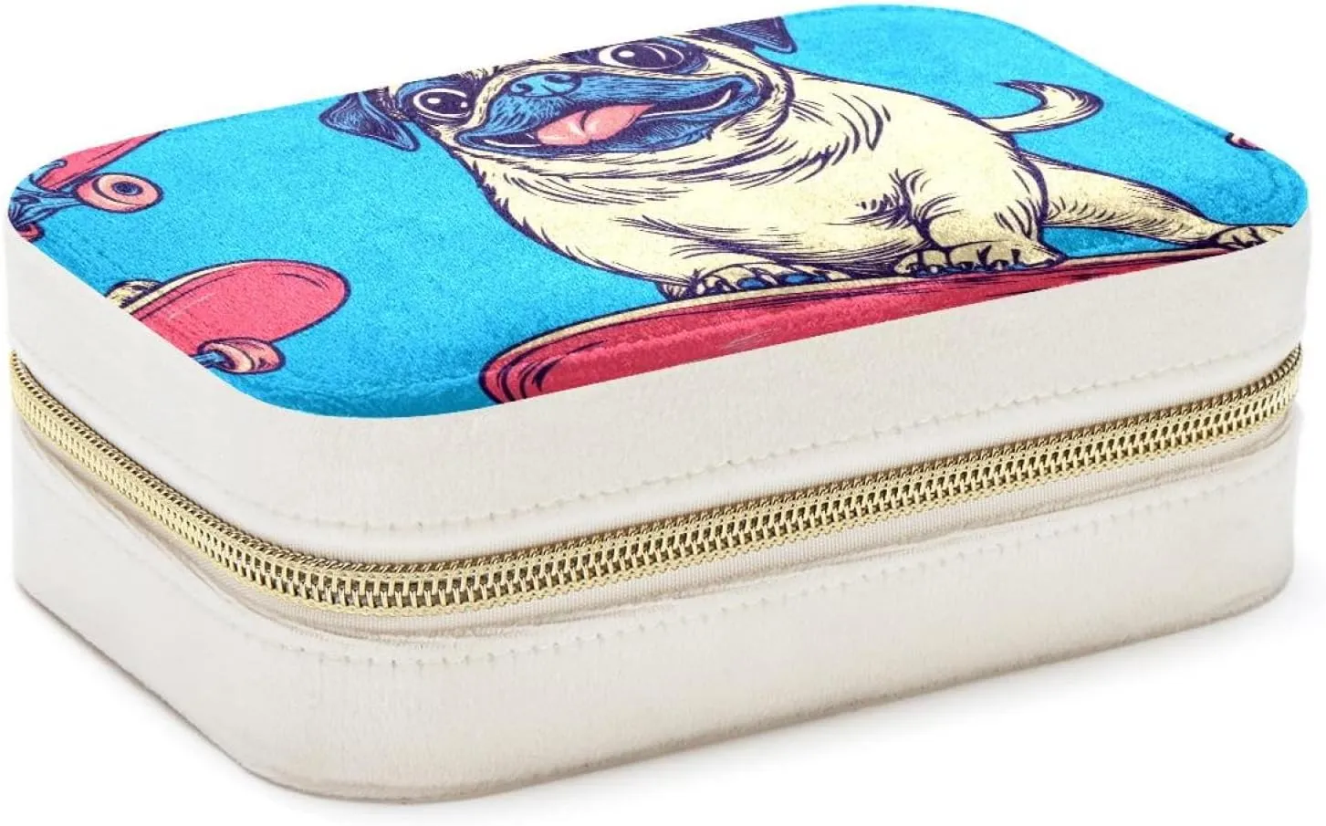 PU Leather Jewelry Box, Portable Organizer for Women Girls, Travel Case Display Storage Holder for Rings Earrings Necklaces - Cool Pug Dog Skaters