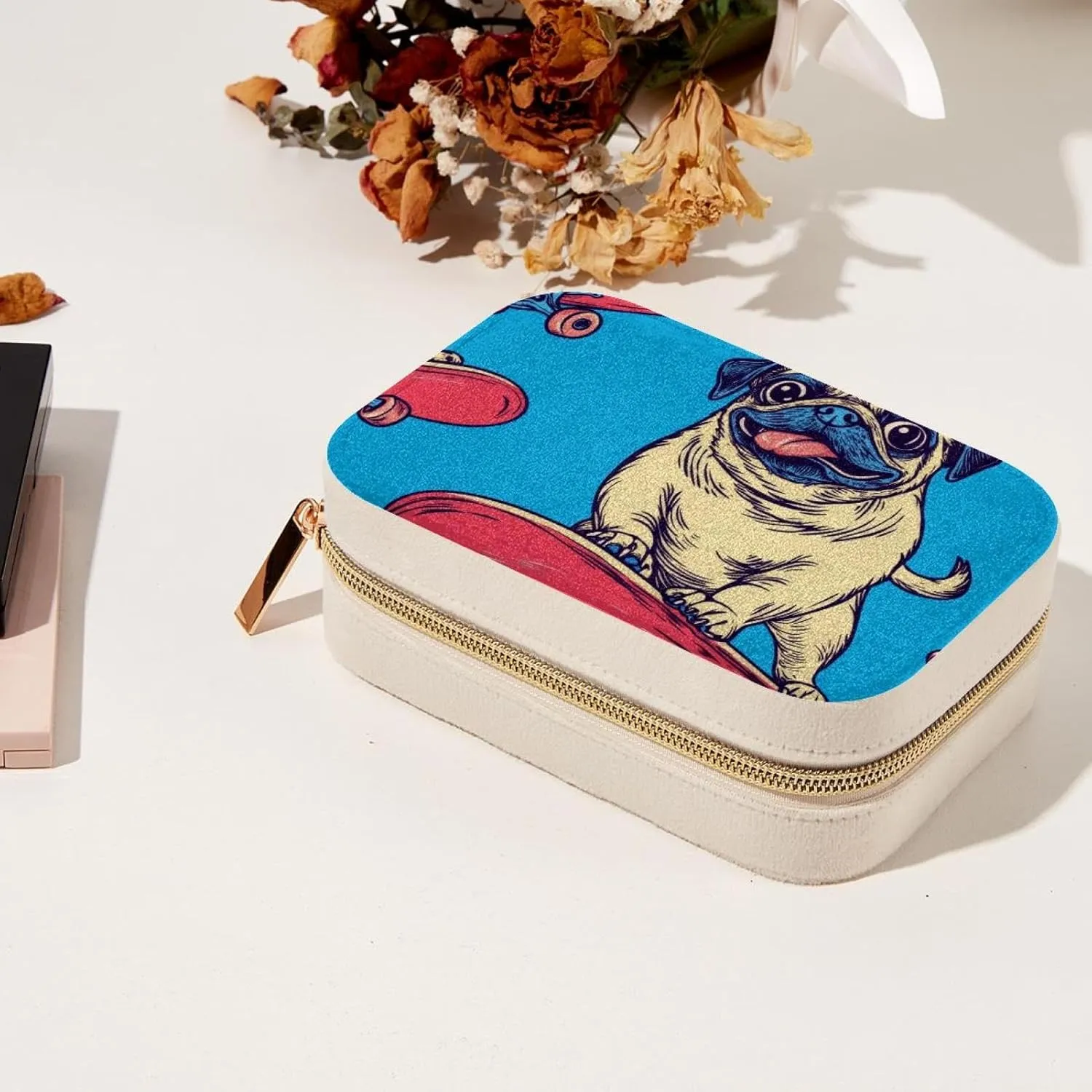 PU Leather Jewelry Box, Portable Organizer for Women Girls, Travel Case Display Storage Holder for Rings Earrings Necklaces - Cool Pug Dog Skaters